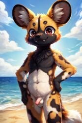 adorable african_wild_dog ai_generated beach buldge cub cute cute_fangs furry furry_only innocent kemono male male_only micropenis painted_dog prompter:african_coon small_penis young younger_male