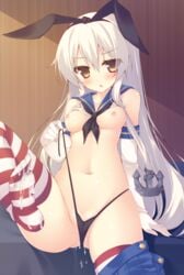 :o anchor blonde_hair blush breasts brown_eyes colored_eyelashes cum cum_on_body elbow_gloves feet female gloves hair_ribbon highres kantai_collection miko_92 nipples pussy_juice ribbon shimakaze_(kantai_collection) skirt skirt_around_one_leg small_breasts solo striped striped_legwear thong_panties untied