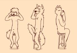 absurd_res anthro balls barefoot canid canine canis casual_nudity domestic_dog feet flaccid foreskin fur genitals group hi_res humanoid_genitalia humanoid_hands humanoid_penis male mammal mikeyswag13 navel nipples nude penis simple_background social_nudity tail trio