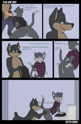 2013 anthro bathroom canine clothed clothing comic danny_(character) duncan_(character) english_text feline fur male male_only mammal open_mouth oral penis rotten_robbie school sex smile text