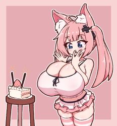 1girls big_breasts blue_eyes breasts cake cat_ears catgirl female_only huge_breasts light-skinned_female masked_agent molly_(type_moll) pink_hair shortstack simple_background solo tagme thick_thighs voluptuous