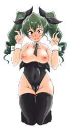 1girls anchovy blush breasts breasts_out brown_eyes cameltoe double_v female full_body girls_und_panzer green_hair kami_ryuoo kneeling large_breasts leotard leotard_pull nipples open_mouth panties panty_pull playboy_bunny solo sweat v