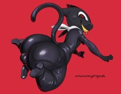 anthro ass atlus backsack balls beta_design beta_morgana_(persona) big_butt black_clothing bodysuit clothed clothing domestic_cat erection felid feline felis genitals hi_res kerchief kyomiqc latex looking_at_viewer male mammal megami_tensei megami_tensei_persona penis sega short_stack skinsuit smile solo spiral_eyes tail thick_thighs tight_clothing