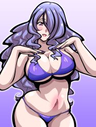 1girls alternate_costume bare_thighs bikini breasts camilla_(fire_emblem) cleavage female female_only fire_emblem fire_emblem_fates gradient_background hair_over_one_eye hourglass_figure inabakun00 large_breasts long_hair looking_at_viewer midriff nail_polish nintendo pink_eyes purple_background purple_bikini purple_hair purple_nails purple_swimsuit sideboob skindentation solo swimsuit thighs underboob wide_hips