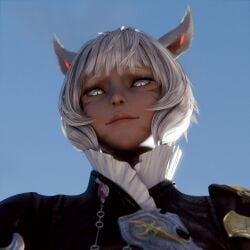3d clothed ffxiv final_fantasy final_fantasy_xiv glowing_eyes looking_at_viewer looking_down looking_down_at_viewer miqo'te smiling stare tipsynd white_hair y'shtola