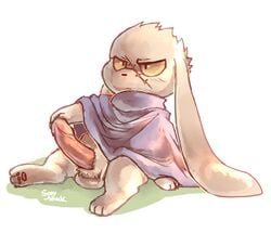 blush cave_story clothing erection fur king_(cave_story) lagomorph male mammal mimiga paws penis scar solo sony-shock sonyshock video_games white_fur