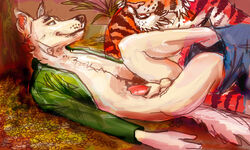 anthro bengal_tiger canine clothing clover duo furry furry_only imminent_sex java male mammal outside paint painting penis stylistic wolf yaoi