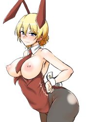 1girls armpits blonde_hair blue_eyes blush breasts bunnysuit darjeeling fake_animal_ears female girls_und_panzer kami_ryuoo large_breasts leotard leotard_pull looking_at_viewer nipples pantyhose playboy_bunny puffy_nipples rabbit_ears solo sweat