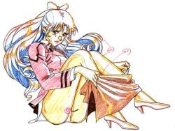 ass blue_eyes blue_hair bubble_butt busty female female_focus female_only gainax gunbuster hourglass_figure kazumi_amano long_hair panties pinup pinup_pose sitting sketch tagme wide_hips