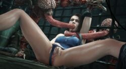 3d anus aroused aroused_female athazel bottomless brown_hair extreme_french_kiss eyes_rolling_back fingering horny horny_female jill_valentine legs_apart legs_spread licker_(resident_evil) masturbation monster panties_aside pussy resident_evil resident_evil_3 short_hair tongue tongue_in_mouth tongue_out vagina