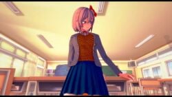 1boy 1girls 3d animated blue_eyes blush closed_eyes cum cum_on_body cum_on_pussy doki_doki_literature_club female lifting_skirt male mashirosolera masturbating masturbation mp4 no_sound pussy red_bow sayori_(doki_doki_literature_club) school_uniform shy tagme video