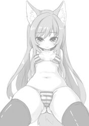 animal_ears bikini blush cameltoe cat_ears female greyscale kemonomimi kurotsutsuki long_hair medium_breasts monochrome solo thighhighs