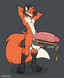 abs big_penis fox fox_boy huge_balls huge_cock l-tech-e-coyote-l male measurements measuring measuring_penis measuring_tape muscular_male penis tail text uncensored