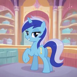 ai_generated blue_fur friendship_is_magic from_behind looking_at_viewer looking_back minuette_(mlp) my_little_pony rear_view smiling solo two_tone_hair unicorn
