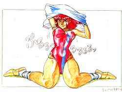 busty female female_focus female_only gainax green_eyes gunbuster hourglass_figure jung_freud long_hair pinup pinup_pose ponytail red_hair sketch tagme wide_hips