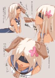 blindfold cassandra_(seishun_katsu_sando) fellatio female flower hair_flower hair_ornament irrumatio kantai_collection long_hair open_mouth oral penis ro-500_(kantai_collection) school_swimsuit school_uniform solo_focus swimsuit swimsuit_under_clothes text tongue tongue_out translation_request white_hair