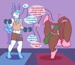 anthro athletic athletic_wear dialogue duo eeveelution erection exercise femboy generation_4_pokemon generation_6_pokemon hi_res hyper_bulge lopunny male muscular muscular_male nintendo nokamiwd pokemon pokemon_(species) simple_background speech_bubble sylveon weightlifting workout workout_clothing