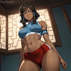 1girls abs ai_generated avatar_legends bloomers brown_body brown_hair buruma clothed clothing curvy dark-skinned_female dark_skin female female_focus female_only fit_female from_below front_view korra looking_at_viewer muscles muscular_thighs psyopsai short_hair solo solo_female solo_focus the_avatar the_legend_of_korra thunder_thighs underwear water_tribe