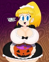 1girls 2023 3barts big_breasts blonde_hair blue_eyes capcom halloween huge_ass huge_breasts looking_at_viewer maid maid_outfit maid_uniform mega_man mega_man(classic) ponytail robot robot_girl robot_humanoid rockman roll solo solo_female speech_bubble text