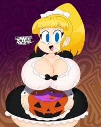 1girls 2023 3barts big_breasts blonde_hair blue_eyes capcom halloween huge_ass huge_breasts looking_at_viewer maid maid_outfit maid_uniform mega_man mega_man(classic) mega_man_(series) ponytail robot robot_girl robot_humanoid rockman roll solo solo_female speech_bubble text