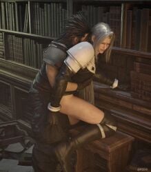 2boys 3d anal anal_sex black_hair boots bottomless clothed clothed_sex final_fantasy final_fantasy_vii gay gay_anal gay_sex gloves knee_boots leaning_against_wall leaning_forward library long_hair male/male male_only one_leg_up pzoiii sephiroth sex sex_from_behind silver_hair spiky_hair square_enix standing_sex tagme yaoi zack_fair