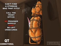 avali bondage bound bound_male brown_collar brown_leather brown_strap bulge caption collar english_text latex muffled non-human non-human_only nose_hooks orange_latex prison prisoner sensory_deprivation sleepsack storage stripedcrocodile text