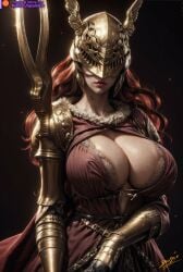 1girls ai_generated big_breasts boob_window breasts cleavage elden_ring female helmet hi_res long_hair looking_at_viewer malenia_blade_of_miquella red_hair solo spark_star