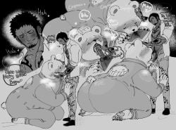 anthro ass bear bepo_(one_piece) big_butt blush clothing duo english_text fellatio genitals hi_res human jumpsuit male male/male male_only mammal nekokat42 one_piece oral overweight penile penis penis_worship polar_bear sex size_difference small_dom_big_sub tattoo text trafalgar_law ursine