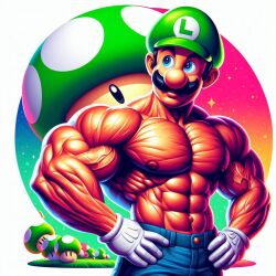 ai_generated buff green_eyes green_hat hat huge_muscle huge_muscles image luigi male male_only manly mario_(series) picture picture_frame white_skin