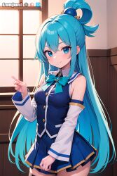 1girls ai_generated aqua_(konosuba) blue_eyes blue_hair blush clothed cute detached_sleeves eyebrows_visible_through_hair female female_only front_view goddess hair_between_eyes hair_ornament highres indoors kono_subarashii_sekai_ni_shukufuku_wo! light-skinned_female light_skin long_hair long_ponytail long_sleeves looking_at_viewer lunjuni medium_breasts ponytail ribbon room shirt skirt solo stable_diffusion standing tagme thick_thighs watermark