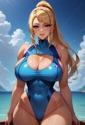 ai-created ai_generated bangs bare_shoulders beach blonde_hair blue_eyes blue_one-piece_swimsuit blue_sky blue_swimsuit blush breasts cleavage cleavage_cutout clothing clothing_cutout cloud covered_collarbone covered_navel cowboy_shot day female female female_only fractureai highleg highleg_swimsuit large_breasts lips long_hair looking_at_viewer metroid mole mole_under_mouth navel ocean one-piece_swimsuit outdoors parted_lips ponytail samus_aran shiny shiny_skin shore sidelocks skin_tight sky smile solo swimsuit thick_thighs thighs tied_hair turtleneck water wet zero_suit