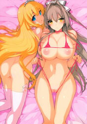 2girls amagi_brilliant_park bikini_pull blonde_hair breasts censored female_only headdress highres katsurai_yoshiaki large_breasts latifa_fleuranza multiple_girls nipples nude panties panty_pull ponytail sento_isuzu swimsuit thighhighs tied_hair underwear