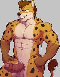 2017 abs anthro balls biceps hyena invalid_tag knuxlight male male_only mammal muscular muscular_male nude pecs penis pose smile solo spots sweat teeth wet