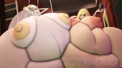 2girls 3d bbw belly big_belly big_breasts breasts fat female huge_belly lusamine_(pokemon) morbidly_obese nipples obese overweight overweight_female pheromosa pokemon pokemon_(species) size_difference ssbbw weirderworkz