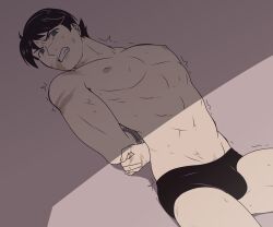 black_hair bulge bulge_through_clothing disventure_camp kidnapped male_only muscles muscular restrained scar tied tied_hands tied_up tom_(disventure_camp) underwear unknown_artist