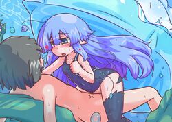 1boy aoihitsuji blue_eyes blue_hair blush brown_hair cowgirl_position female femdom heart jellyfish looking_at_another malesub monster_girl one-piece_swimsuit pointy_ears rape reverse_rape sex swimsuit underwater vaginal_penetration very_long_hair water