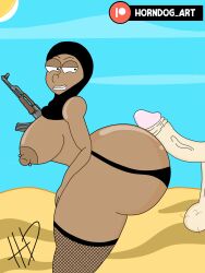 2d 2d_(artwork) 2d_artwork arab ass_job big_ass big_balls big_breasts big_penis funny gun hairy_balls horndog_art looking_back middle_eastern_female offensive patreon smiling terrorist thick_thighs white_penis