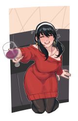 1girls alcohol bare_shoulders black_hair blush breasts cleavage closed_eyes cup dress drinking_glass drunk earrings female gold_earrings hairband highres holding jewelry large_breasts long_hair long_sleeves looking_at_viewer open_mouth red_sweater sidelocks sitting smile smugigante solo spy_x_family sweater white_hairband wine yor_briar yor_forger