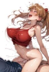 1boy ai-created ai_generated arched_back areolae ass asuka_langley asuka_langley_sohryu bangs bare_shoulders blue_eyes blush bottomless bouncing_breasts breasts brown_hair camisole censored clothed_sex clothing covered_erect_nipples cowgirl_position erect_nipples erect_nipples_under_clothes female genital_fluids heart heavy_breathing high_resolution ikari_shinji interface_headset large_breasts long_hair looking_at_viewer male motion_lines nakadashi navel neon_genesis_evangelion nipples on_top open_mouth orange_hair penis pubic_hair saliva semen sex shirt simple_background smile solo_focus spread_legs straddling straight sweat taken_from_behind tank_top tied_hair vaginal_juices vaginal_penetration wet white_background