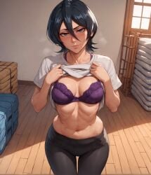 1girls after_exercise ai_generated alex-schura big_breasts black_hair bleach bleach:_the_thousand-year_blood_war blush bra breasts cowboy_shot female female_only flashing flashing_breasts gym gym_clothes gym_storeroom gym_uniform hourglass_figure huge_breasts indoors kuchiki_rukia leggings light-skinned_female light_skin mature milf nai_diffusion no_panties pants pants_down petite pinup presenting presenting_breasts pulled_by_self purple_eyes seducing shirt shirt_lift shoes shoulder_length_hair smile sneakers socks solo stable_diffusion sweat sweatdrop teasing tight_pants underwear undressing voluptuous