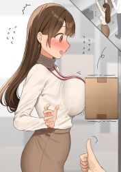 big_breasts blush box breast_press breast_squish brown_eyes brown_hair earring long_hair office_clothing office_lady ol-chan_(ol_mahonanoka) ol_mahonanoka original thumbs_up