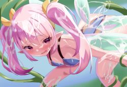 1girls ass blue_leotard blush breasts bukkake covered_in_cum cum cum_on_ass cum_on_body cum_on_clothes cum_on_hair ejaculation facial fairy fairy_wings female highres leaning_forward leotard long_hair open_mouth outdoors pink_eyes pink_hair pointy_ears rabi-ribi restrained ribbon ribbon_(rabi-ribi) small_breasts tentacle tentacle_on_female thighs twintails wings yuzi124