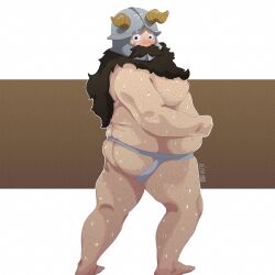 1boy bara beard bigbelly blush brown_hair dungeon dungeon_meshi dwarf facial_hair fat_ass fat_man jockstrap long_beard male male_only moustache senshi_(dungeon_meshi) solo sweat sweatdrop thick thick_thighs