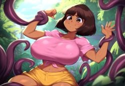 aged_up ai_generated dark-skinned_female dark_skin dora_marquez dora_the_explorer female huge_breasts imminent_rape imminent_sex jewelry latina looking_at_viewer massive_breasts mullon novelai orange_shorts pink_shirt restrained tentacle tentacle_monster tight_clothing tiny_waist