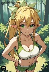 ai_generated bangs bare_arms bare_shoulders blonde_hair braid breasts bush cleavage closed_mouth collarbone cowboy_shot crop_top day elf female forest green_eyes green_shorts hair_between_eyes hands_on_hips kirigaya_suguha large_breasts leafa long_hair looking_at_viewer midriff nature navel outdoors pikkiwynn pointy_ears ponytail short_shorts shorts smile solo sports_bra stomach sword_art_online tree twin_braids