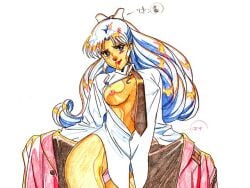 areolae blue_eyes blue_hair breasts busty female female_focus female_only gainax gunbuster hourglass_figure kazumi_amano long_hair nipples pinup pinup_pose sketch tagme wide_hips