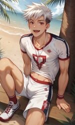 ai_alexr ai_generated bulge gay hair_ornament jock_studio jockstudio(blits_games) looking_at_viewer male male_only muscular muscular_male solo sports_shorts sportswear tight_clothing twink yaoi