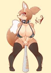 absurd_res anthro big_breasts bikini blush breasts brown_body brown_fur canid canine clothed clothing collar colored digital_media_(artwork) embarrassed female fox fur hi_res mammal ncize skimpy solo spikes