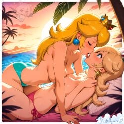 2025 ai_generated beach_background belly bellyanka black_eyebrows blonde_girls blonde_hair_female blue_earrings blue_eyes_female blue_panties breasts breasts_together closed_eyes deviantart female golden_crown hand_on_shoulder lesbian_kiss lying_on_another nintendo opened_eyes orange_cheeks panty_swap pink_panties princess_peach princess_rosalina shirtless shirtless_female shocked_face shocked_female silver_crown star_earrings super_mario_bros. topless_female tummy