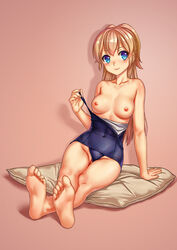 areolae blonde_hair blue_eyes blush breasts feet female full_body long_hair looking_at_viewer medium_breasts nipples pussy regalia_the_three_sacred_stars sitting smile solo swimsuit swimsuit_aside swimwear topless xue_ran yuinshiel_asteria